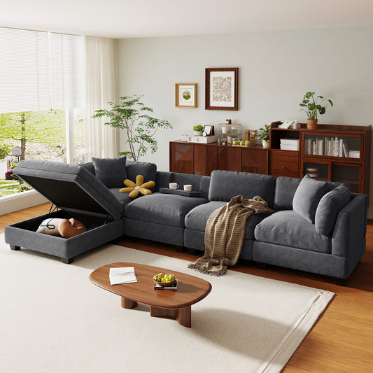 Modular Sofa with Removable Storage Ottoman, 5 Seat Sectional sofa with 2 Hidden Cup Holders