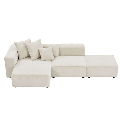 Corduroy Couch, Sofa with Chaise Lounge, 3 Piece - Beige