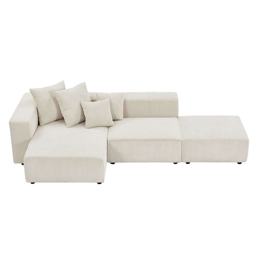 Corduroy Couch, Sofa with Chaise Lounge, 3 Piece - Beige