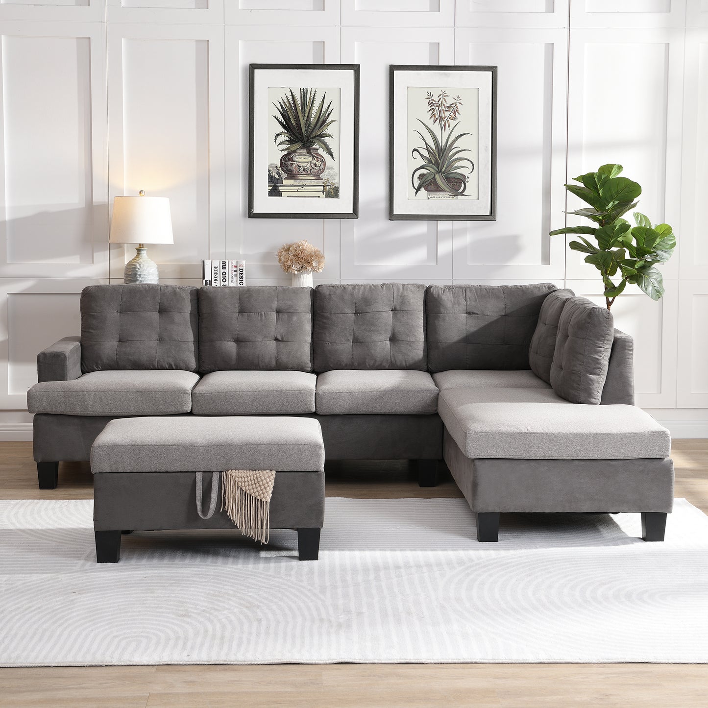 Gray Sectional Couch, Sofa with Chaise and Storage Ottoman