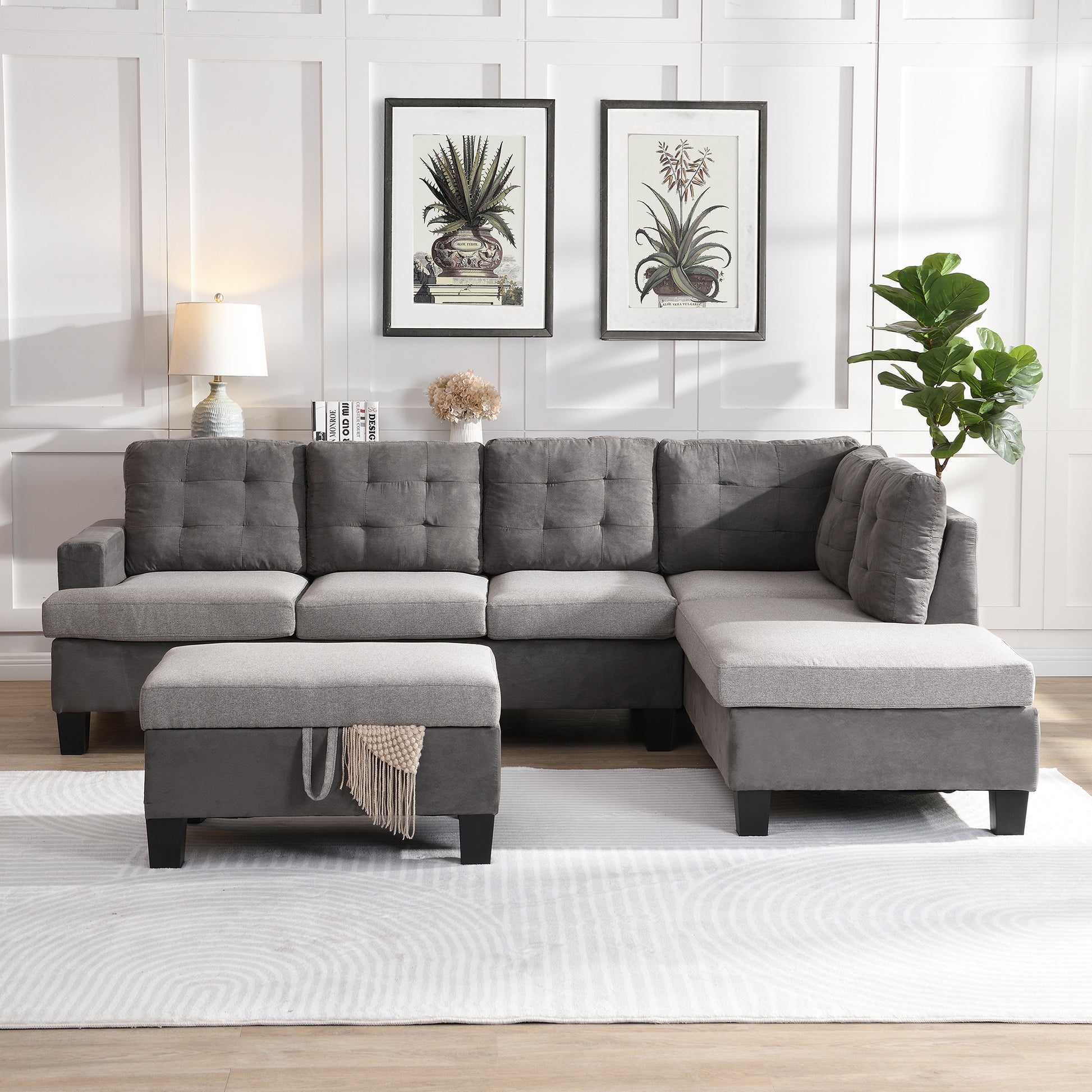 Gray Sectional Couch, Sofa with Chaise and Storage Ottoman