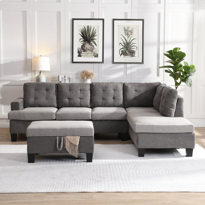Gray Sectional Couch, Sofa with Chaise and Storage Ottoman