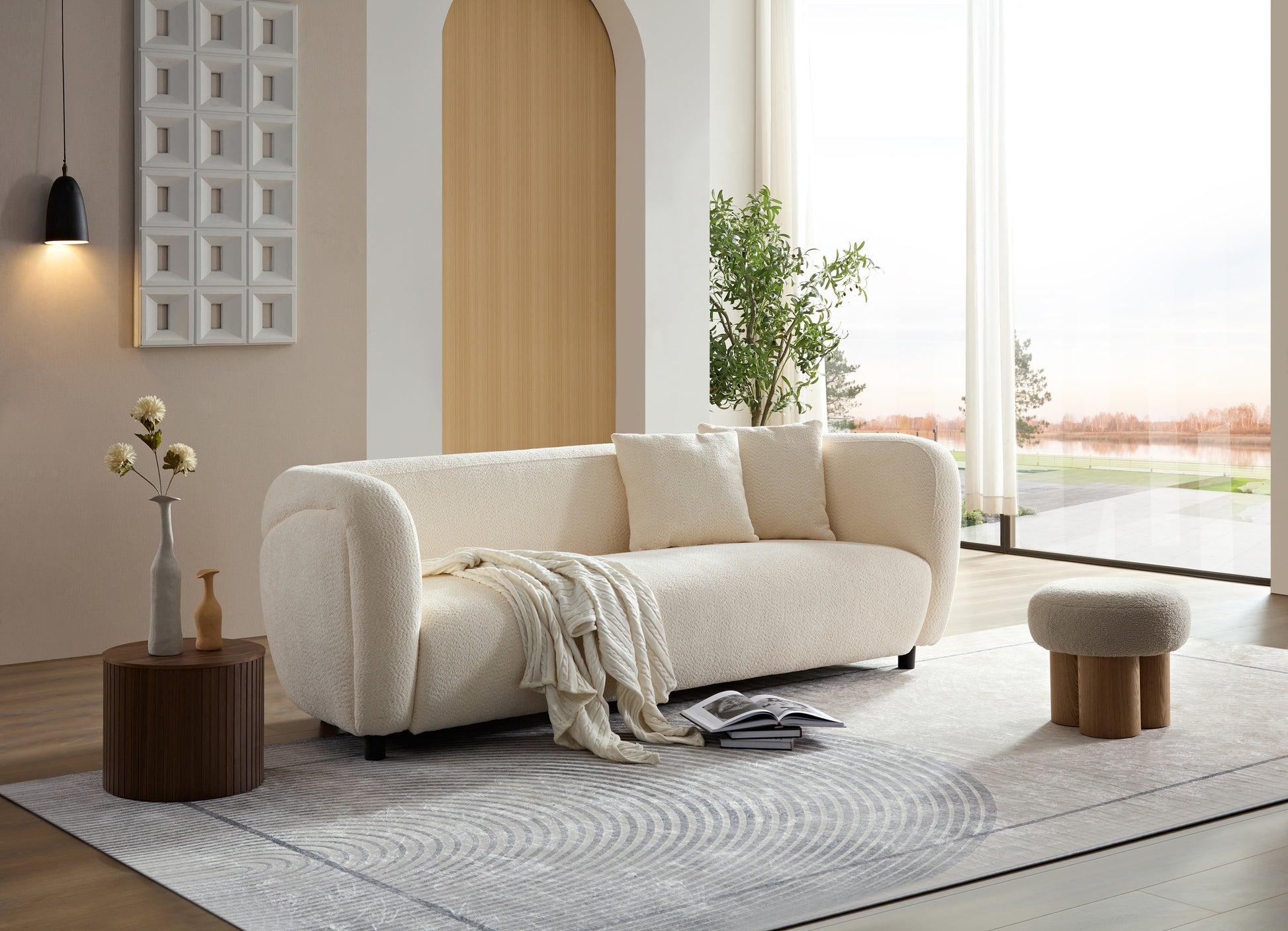 Modern Deep Seat Sofa, Plush Upholstered Couch, White