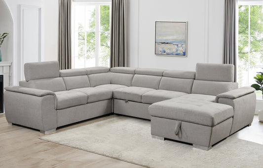 U Shaped 7-seat Sectional with Sofa Bed and Storage Chaise for Living Room - Beige, Gray
